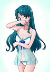  armpits babydoll bakusai blue_bow blue_eyes blue_hair bow braid breasts covering_mouth crown_braid go!_princess_precure kaidou_minami lingerie long_hair panties precure small_breasts solo standing underwear white_background white_panties 