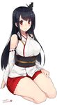  bare_shoulders black_hair blush breasts dated detached_sleeves fusou_(kantai_collection) hair_ornament highres japanese_clothes kantai_collection knees_together kuro_chairo_no_neko large_breasts long_hair looking_at_viewer nontraditional_miko red_eyes seiza simple_background sitting skirt smile solo thick_thighs thighs twitter_username white_background 