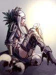  black_footwear black_legwear blurry breasts chin_rest dark_skin depth_of_field facial_mark feathers fire_emblem fire_emblem:_kakusei forehead_mark garter_straps high_heels highres inverse_(fire_emblem) large_breasts lips long_hair navel parted_lips profile red_eyes shoes sidelocks sitting skull solo sushes thighhighs tiara white_hair 