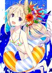  :d amagai_tarou bikini blonde_hair breasts cleavage clownfish commentary_request flower hair_flower hair_ornament innertube long_hair navel open_mouth original ponytail purple_eyes small_breasts smile solo swimsuit water 
