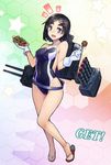  alternate_costume black_hair blue_eyes blush breasts competition_swimsuit eyebrows food gloves hair_ornament hairclip kantai_collection kuroshio_(kantai_collection) looking_at_viewer medium_breasts one-piece_swimsuit open_mouth sandals short_hair smile solo swimsuit taketora_suzume takoyaki thick_eyebrows toothpick torpedo turret 
