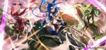  3girls arm_up axe black_gloves blue_eyes blue_hair breastplate closed_mouth company_name copyright_name dragon est fingerless_gloves fire_emblem fire_emblem:_monshou_no_nazo fire_emblem_cipher gloves green_eyes green_hair headband highres holding holding_axe katua long_hair mayo_(becky2006) multiple_girls nintendo official_art open_mouth paola pink_eyes pink_hair riding scarf short_hair siblings sisters white_headband wyvern 