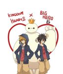  baymax big_hero_6 crossover disney hiro_hamada hood hooded_jacket jacket kingdom_hearts marvel multiple_boys simple_background sora_(kingdom_hearts) square_enix 