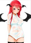  :&lt; areolae arms_behind_back blouse blush bottomless breasts head_wings hifumi_kei highres koakuma large_breasts long_hair looking_at_viewer nipples no_bra red_eyes red_hair see-through solo thighhighs touhou wet wet_clothes white_blouse 