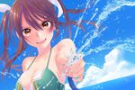  adapted_costume aqua_bikini bikini blue_sky breasts brown_hair cleavage cloud collarbone day foreshortening hair_ribbon highres hose kantai_collection large_breasts long_hair looking_at_viewer messy_hair open_mouth outdoors ribbon skindentation sky smile solo spraying swimsuit tone_(kantai_collection) twintails upper_body water white_ribbon yami_(m31) 