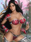  1girl armor bikini bikini_armor black_hair blush breasts cherry_blossoms cleavage detached_sleeves female flower geleebroetchen green_eyes grey_legwear grey_thighhighs hair_ornament hand_on_hip holding irelia large_breasts league_of_legends legs lips midriff navel neck parted_lips petals solo strapless strapless_bikini swimsuit thighhighs very_long_hair 