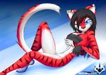  2015 abdominal anthro athletic big_breasts blu_eyes blush breasts cat cherry_(macmegagerc) clothing collar cute feline female fingerless_gloves fur gloves hair hair_over_eye looking_at_viewer macmegagerc mammal nipples one_eye_closed red_fur smile solo stripes tiger young 