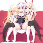  3girls :o ahoge ayanami_(azur_lane) azur_lane bangs black_legwear blonde_hair blue_sailor_collar blush breasts cleavage commentary_request couch covered_navel crop_top cygnet_(azur_lane) detached_sleeves double_bun dress eldridge_(azur_lane) eyebrows_visible_through_hair facial_mark full_body hair_between_eyes hair_ornament headgear heart_ahoge high_ponytail highres hurapan large_breasts light_brown_hair long_hair long_sleeves looking_at_another looking_at_viewer miniskirt multiple_girls nose_blush open_mouth plaid plaid_skirt ponytail puffy_long_sleeves puffy_sleeves purple_eyes sailor_collar school_uniform serafuku shirt sitting skirt sleeveless sleeveless_dress sleeveless_shirt small_breasts spread_legs thighhighs thighs twintails very_long_hair wavy_mouth white_dress white_legwear yellow_neckwear 