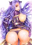  1girl areolae ass breasts breasts_outside cameltoe camilla_(fire_emblem_if) cum cum_on_ass fire_emblem fire_emblem_if from_behind huge_breasts long_hair looking_at_viewer looking_back nipples open_mouth puffy_nipples purple_hair red_eyes simple_background solo teruru 