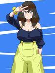  bare_shoulders blush breasts brown_hair cleavage collarbone commentary_request cowboy_shot gatchaman_crowds hand_in_pocket ichinose_hajime large_breasts long_hair looking_at_viewer off-shoulder_shirt parumezan shirt silver_eyes smile solo v_over_eye 