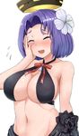  arm_behind_back bad_id bad_pixiv_id bikini black_bikini blush breasts cleavage collarbone criss-cross_halter flying_sweatdrops halter_top halterneck hand_on_own_cheek hand_on_own_face highres kantai_collection large_breasts mechanical_halo navel okitsugu open_mouth purple_hair short_hair simple_background solo swimsuit tatsuta_(kantai_collection) upper_body white_background 