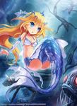  ass bikini_top blonde_hair blue_eyes breasts character_request cleavage company_name copyright_name detached_sleeves fangs fins fish highres kankurou long_hair medium_breasts mermaid monster monster_collection monster_girl navel official_art pointy_ears scales tail tiara underwater webbed_hands 