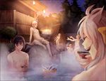  bathing black_hair blonde_hair blue_eyes cheeeeezi choko_(cup) closed_eyes cup ima-no-tsurugi iwatooshi kogitsunemaru male_focus mikazuki_munechika multiple_boys naked_towel nude onsen open_mouth orange_hair shishiou sky smile star_(sky) starry_sky touken_ranbu towel tsurumaru_kuninaga white_hair 