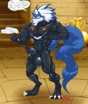  2019 4_toes 5_fingers abs animal_genitalia anthro balls biceps big_balls black_skin blue_fur blue_hair canid canine canis capcom claws darkstalkers digitigrade fully_sheathed fur glowing glowing_eyes goo_creature goo_transformation grin hair hungothenomster jon_talbain male mammal mane multicolored_fur multicolored_hair muscular muscular_male nervous orange_eyes pecs rubber sharp_teeth sheath smile standing tarpit_(hungothenomster) teeth toes two_tone_fur two_tone_hair video_games were werecanid werecanine werewolf white_fur white_hair wolf 