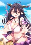  bandaged_arm bandages bikini black_hair blush breasts cleavage cloud danua day draph granblue_fantasy gretel_(granblue_fantasy) hansel_(granblue_fantasy) horn_ornament horns kamiya_zuzu large_breasts navel pointy_ears reaching_out red_eyes sky smile swimsuit 