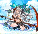  breasts cleavage dark_valkyrie_(p&amp;d) food fruit full_body hair_ornament highres hino_shinnosuke long_hair medium_breasts navel official_art puzzle_&amp;_dragons red_eyes scythe simple_background smile solo valkyrie_(p&amp;d) watermelon white_background white_hair wings 