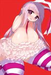  amii animal_ears bad_id bad_pixiv_id between_breasts breasts bunny_ears cleavage commentary_request eyebrows hanging_breasts heart heart-shaped_pupils huge_breasts looking_at_viewer necktie necktie_between_breasts plump reisen_udongein_inaba sagging_breasts solo striped striped_legwear symbol-shaped_pupils thick_eyebrows thick_thighs thighs touhou 