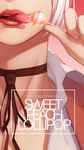  candy character_name choker close-up food highres light_smile lips lipstick lollipop makeup mouth prison_school red_background shiraki_meiko short_hair silver_hair simple_background solo tongue tongue_out vocky 