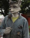  anthro black_nose canid canine canis cheek_tuft clothed clothing detailed_background digital_media_(artwork) ear_tuft fur grey_fur grey_hair hair male mammal open_mouth outside painting purple_eyes realistic smile solo standing teeth terry_grimm tuft 
