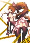 ass bad_id bad_pixiv_id bangs bare_back bent_over black_gloves black_legwear blue_eyes caution_tape cuffs dress elbow_gloves from_behind from_side gloves hair_ribbon handcuffs haneoka_meimi hichi highres kaitou_saint_tail long_hair mouth_hold orange_hair pantyhose pantyhose_pull ponytail ribbon saint_tail solo thighhighs very_long_hair 