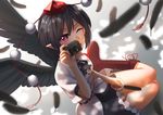  absurdres bad_id bad_pixiv_id black_hair black_wings boots camera cross-laced_footwear feathers hat highres kitazawa_(embers) knee_boots lace-up_boots looking_at_viewer pointy_ears pom_pom_(clothes) red_eyes shameimaru_aya short_hair simple_background sitting solo tokin_hat touhou wings 