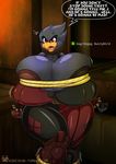  2015 angry anthro avian batman_(series) big_breasts bird breasts busty_bird cleavage clothed clothing cosplay english_text female harley_quinn huge_breasts hyper hyper_breasts kogeikun solo text 