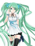  adjusting_eyewear aqua_eyes bad_id bad_pixiv_id bespectacled black_legwear cowboy_shot glasses green_hair hair_ribbon hatsune_miku high_heels highres holding holding_shoes long_hair lucifer301 ribbon shoes shoes_removed simple_background solo thighhighs twintails very_long_hair vocaloid white_background 