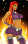  bridal_gauntlets cartoon_network dark_background dc_comics erect_nipples fiery_hair fire flaming_hair glowing glowing_eyes glowing_hair gradient gradient_background green_eyes hand_on_hip midirff midriff miniskirt navel orange_hair orange_skin skirt sleeveless solo starfire stomach teen_titans thigh_gap thighhighs tovio_rogers 