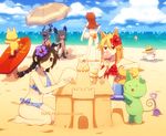  artist_name ass bangs beach bikini black_eyes black_hair blonde_hair braid breasts cleavage cloud collarbone creator_connection dav-19 day defect_mogeko flower food grey_hair hair_flower hair_ornament hanten_(sutare_yume) hibiscus ice_cream king_mogeko kurai_yonaka kurotsuno long_hair medium_breasts met_(sutare_yume) moge-ko mogeko_(mogeko_castle) mogeko_castle mogekov_hashasky multiple_girls one_eye_covered open_mouth outdoors sand_castle sand_sculpture scar shadow shovel sidelocks sky sparkle surfboard sutare_yume sweat swimsuit tail twin_braids watermark 