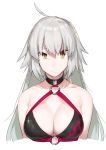  1girl ahoge bare_shoulders bikini black_bikini breasts closed_mouth collar eyebrows_visible_through_hair fate/grand_order fate_(series) glint grey_hair highres jeanne_d&#039;arc_(alter_swimsuit_berserker) jeanne_d&#039;arc_(fate)_(all) large_breasts long_hair looking_at_viewer muchi_maro ne o-ring o-ring_top raised_eyebrow simple_background solo swimsuit upper_body white_background yellow_eyes 