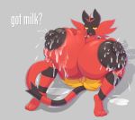  2019 anthro areola big_breasts breasts digital_media_(artwork) english_text female huge_breasts hyper hyper_breasts incineroar lactating looking_at_viewer lysergide milk nintendo nipples nude pok&eacute;mon pok&eacute;mon_(species) pussy red_eyes simple_background solo text tits_(lysergide) video_games yellow_sclera 