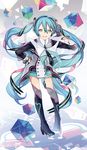  ahoge aqua_hair boots cube gloves green_eyes hand_on_hip hatsune_miku highres kari_kenji knee_boots long_hair looking_at_viewer magical_mirai_(vocaloid) necktie open_mouth pigeon-toed skirt solo thigh_strap thighhighs twintails very_long_hair vocaloid 