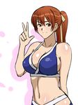  arm_behind_back bikini breasts brown_eyes brown_hair cleavage commentary_request dead_or_alive dead_or_alive_xtreme hair_ribbon highres kagemusha kasumi_(doa) large_breasts long_hair navel ponytail ribbon sideboob solo swimsuit v 