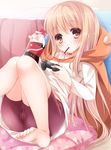  animal_costume ass barefoot bike_shorts blonde_hair blush bottle brown_eyes cameltoe commentary_request controller doma_umaru dualshock feet food game_controller gamepad hamster_costume himouto!_umaru-chan hood long_hair looking_at_viewer minakami_rinka mouth_hold playing_games pocky sitting soda_bottle soles solo toes very_long_hair 