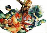  3boys abuto bad_id bad_pixiv_id braid gintama glasses japanese_clothes kagura_(gintama) kamui_(gintama) multiple_boys muttiy oriental_umbrella polearm shimura_shinpachi single_braid spear traditional_media umbrella watercolor_(medium) weapon 