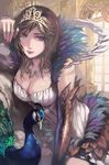 animal aoin bad_id bad_pixiv_id bird blue_eyes breasts brown_hair cleavage detached_sleeves dress feathers large_breasts nail_polish original peacock pink_nails solo tiara 