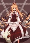  alice_in_wonderland bad_id bad_pixiv_id blonde_hair crown dress drill_hair fuurin_(omaemona) grin heart long_hair queen_of_hearts red_eyes skull smile solo staff 