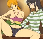  bangle bare_shoulders black_hair bracelet brown_eyes denim denim_shorts glasses hairu halter_top halterneck jewelry long_hair multiple_girls nami_(one_piece) navel necklace nico_robin one_piece one_piece:_strong_world ponytail shirt shorts sitting spread_legs striped striped_shirt twintails 