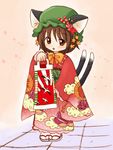  animal_ears brown_eyes brown_hair cat_ears cat_tail chen eijima_moko japanese_clothes kimono multiple_tails short_hair solo tail touhou 