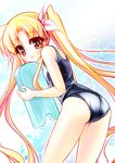  ass bad_id bad_pixiv_id blonde_hair fate_testarossa hair_ribbon kickboard long_hair looking_back lyrical_nanoha mahou_shoujo_lyrical_nanoha one-piece_swimsuit red_eyes ribbon school_swimsuit solo swimsuit teruui twintails 