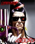  arnold_schwarzenegger bad_id bad_pixiv_id bayonetta bayonetta_(character) black_hair crossdressing douganebuibui gloves glowing glowing_eye glowing_eyes gun handgun male_focus manly parody pinky_out portmanteau pun solo sunglasses t-800 terminator translated weapon what 