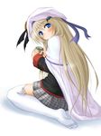  blue_eyes blush cape cup drink feet hat kneeling little_busters! long_hair looking_back mizunoe_kotaru noumi_kudryavka plaid plaid_skirt school_uniform silver_hair skirt smile solo thighhighs 