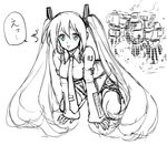 alexander_(final_fantasy) crossover detached_sleeves final_fantasy greyscale hatsune_miku long_hair maruyama monochrome twintails very_long_hair vocaloid 