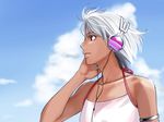  brown_eyes cloud day headphones koyama_iku original short_hair sky smile solo white_hair 