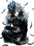  artist_request black_hair blue_flower blue_rose bow coat earrings feathers flower formal gilbert_nightray gloves hair_ornament hat hat_flower jewelry male_focus pandora_hearts rose single_earring sitting solo trench_coat yellow_eyes 