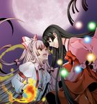  bad_id bad_pixiv_id black_hair bow energy_ball fire fireball fujiwara_no_mokou full_moon hair_bow hair_ribbon houraisan_kaguya long_hair moon multiple_girls red_eyes ribbon roh_nam_kyung silver_hair suspenders touhou 