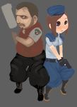  1girl back-to-back barry_burton blue_eyes boots brown_hair facial_hair fingerless_gloves gloves gun hat jill_valentine resident_evil sam_wells short_hair weapon 