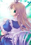  :o akino_subaru alice_(wonderland) alice_in_wonderland bad_id bad_pixiv_id blonde_hair book bow chair cup dress english green_eyes hair_ornament long_hair looking_back looking_up outdoors reading sitting solo teacup thighhighs 