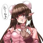 acolyte bad_id bad_pixiv_id blush breasts brown_eyes brown_hair bun_cover double_bun gloves large_breasts nyamota one_eye_closed pointy_ears ragnarok_online solo 