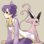  bad_id bad_pixiv_id blue_eyes collar espeon forked_tail from_side gen_2_pokemon grey_background lila_(pokemon) long_sleeves miuta multiple_tails pointy_ears pokemon pokemon_(creature) pokemon_(game) pokemon_emerald pokemon_rse purple_eyes purple_hair short_hair simple_background tail two_tails 